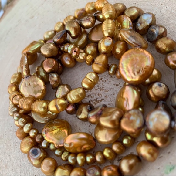 Natural Gold Bronze Cultured Freshwater Pearl Mixed Bead Bracelet Stack - Picture 11 of 11